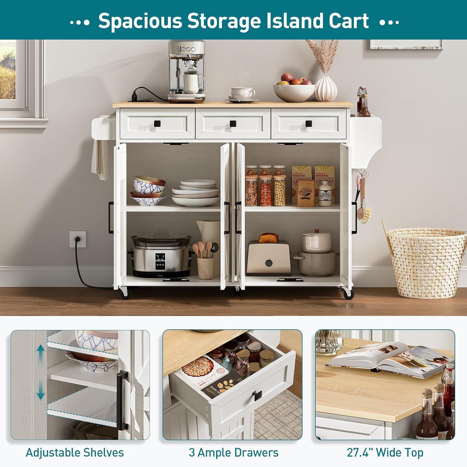 RALGEND Kitchen Island with Drop Leaf & Power Outlet, Rolling Kitchen Island Cart On Wheels, Barn Door Kitchen Island Table with Storage and Tower Rack, Island Table for Kitchen, White and Natural