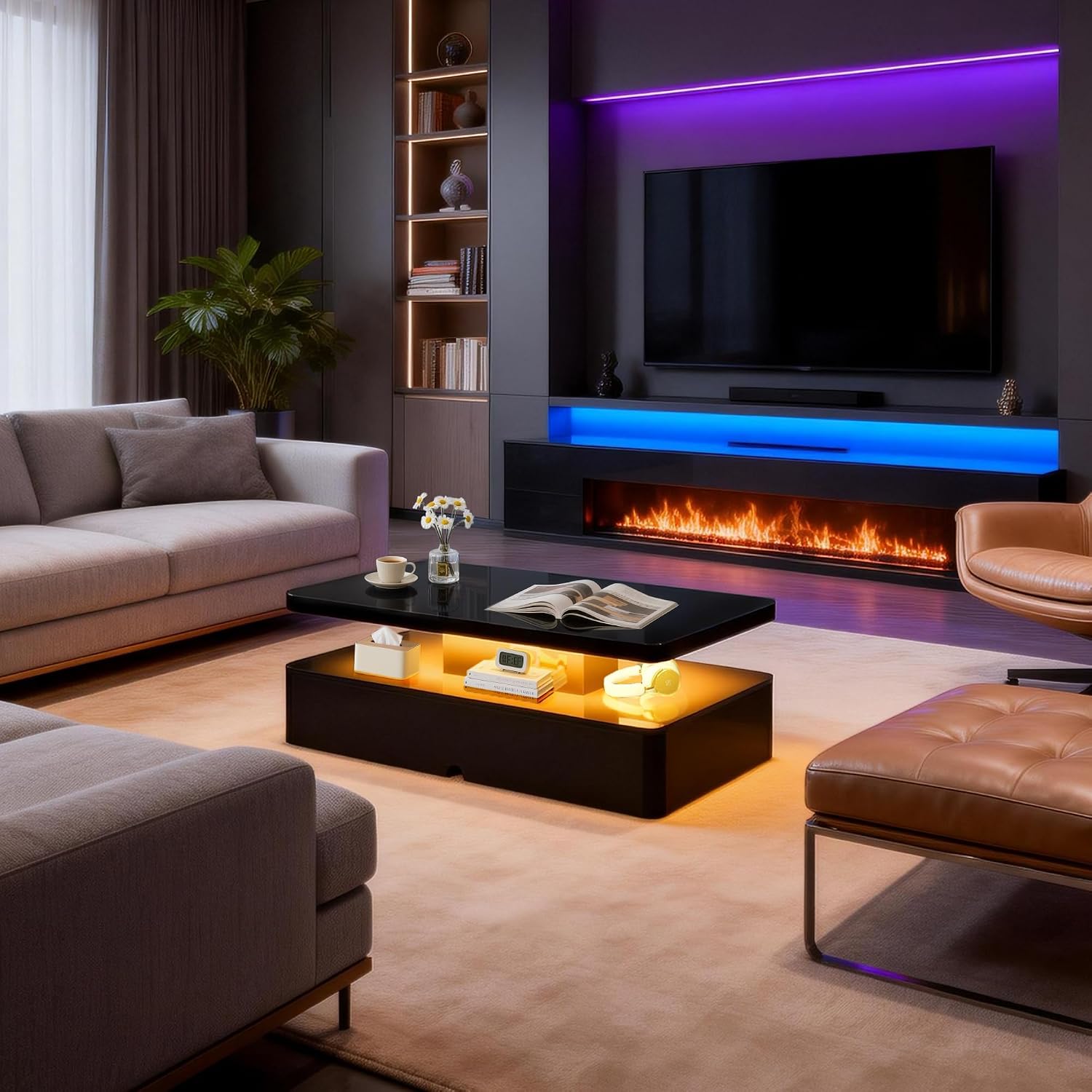 40' Modern Coffee Table with 16 Colors LED Lights, 2 Tier Rectangular Center Table with Large Storage Space, Stylish High Glossy Wooden Tea Tables for Living Room, Bedroom, Home Office, Black