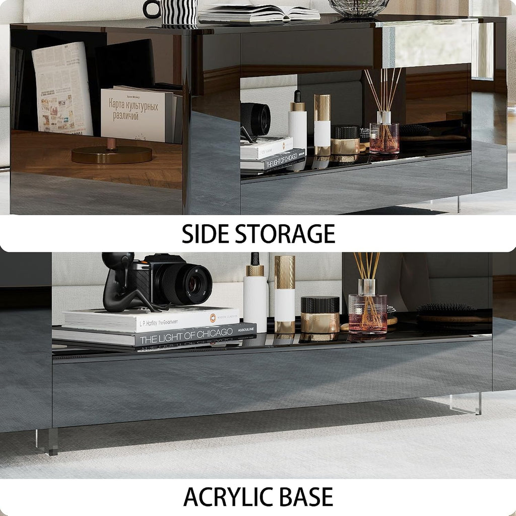 Glossy Coffee Table with Open Shelf Storage - High Gloss Modern Cocktail Table for Living Room, Bedroom, Office