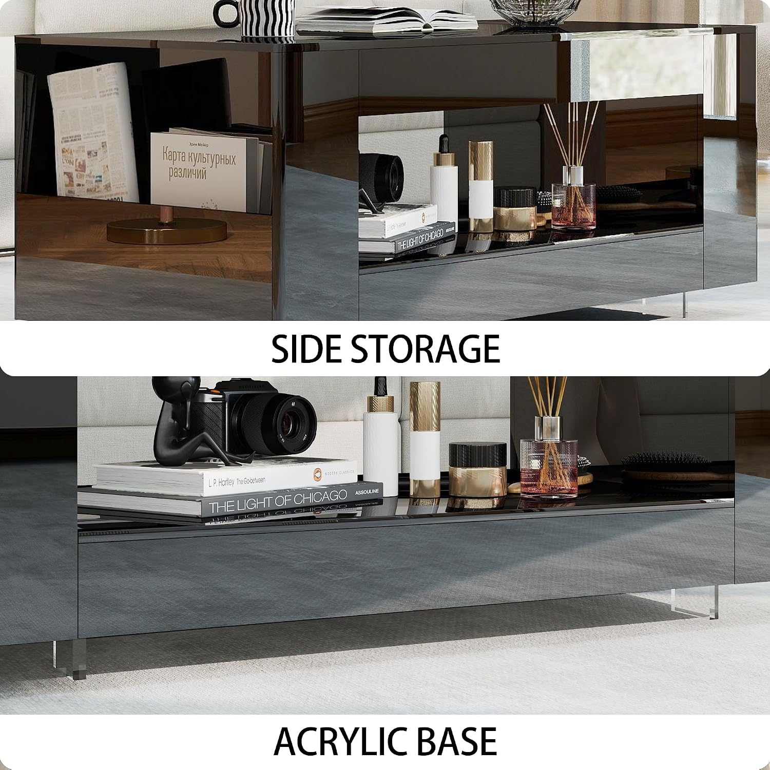 Glossy Coffee Table with Open Shelf Storage - High Gloss Modern Cocktail Table for Living Room, Bedroom, Office