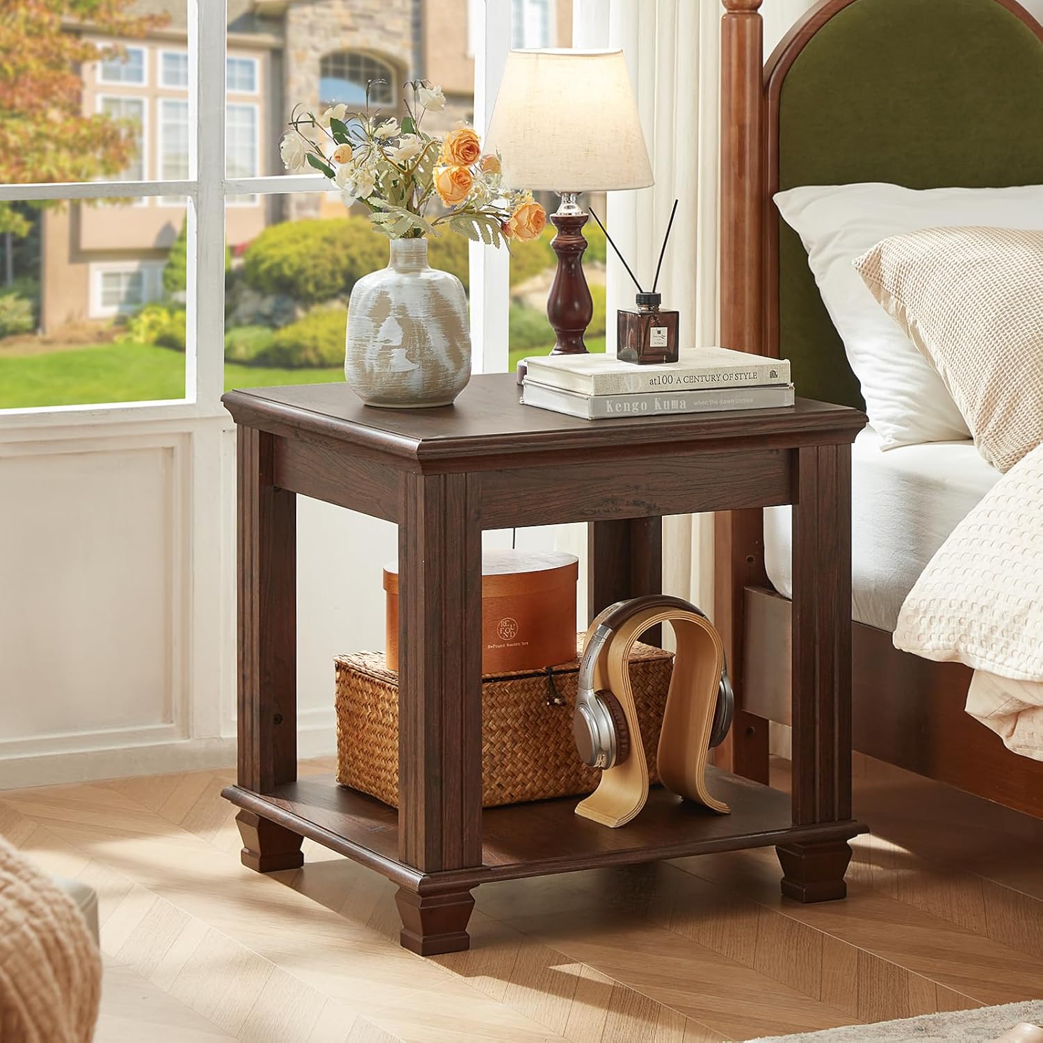 SAVOR LIFE Farmhouse End Table Set of 2,Large Side Table with 2-Tier Storage Shelf,Rustic Brown End Tables for Living Room,Square Tea Table,Walnut