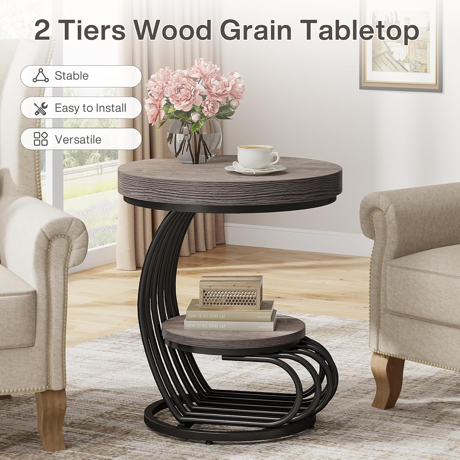 Tribesigns Round End Table Set of 2, 2-Tier Farmhose Wood Side Table with Shelf Storage, Small Sofa Side Bedside Nightstand, Accent Furniture for Living Room, Grey