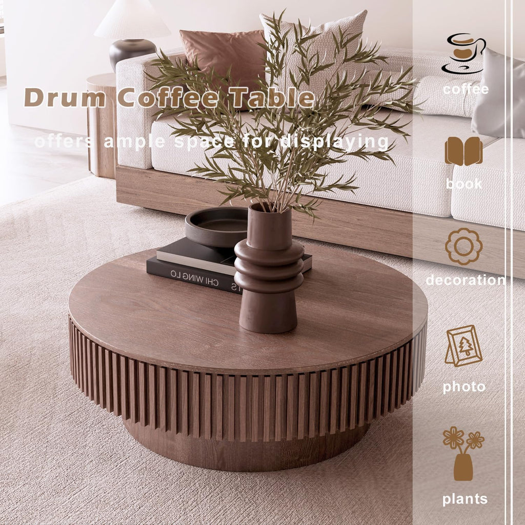 39'' Round Coffee Table with Storage, Modern Wooden Coffee Table with Solid Wood Veneered, Circle Center Table Accent Tea Table for Living Room Apartment Walnut