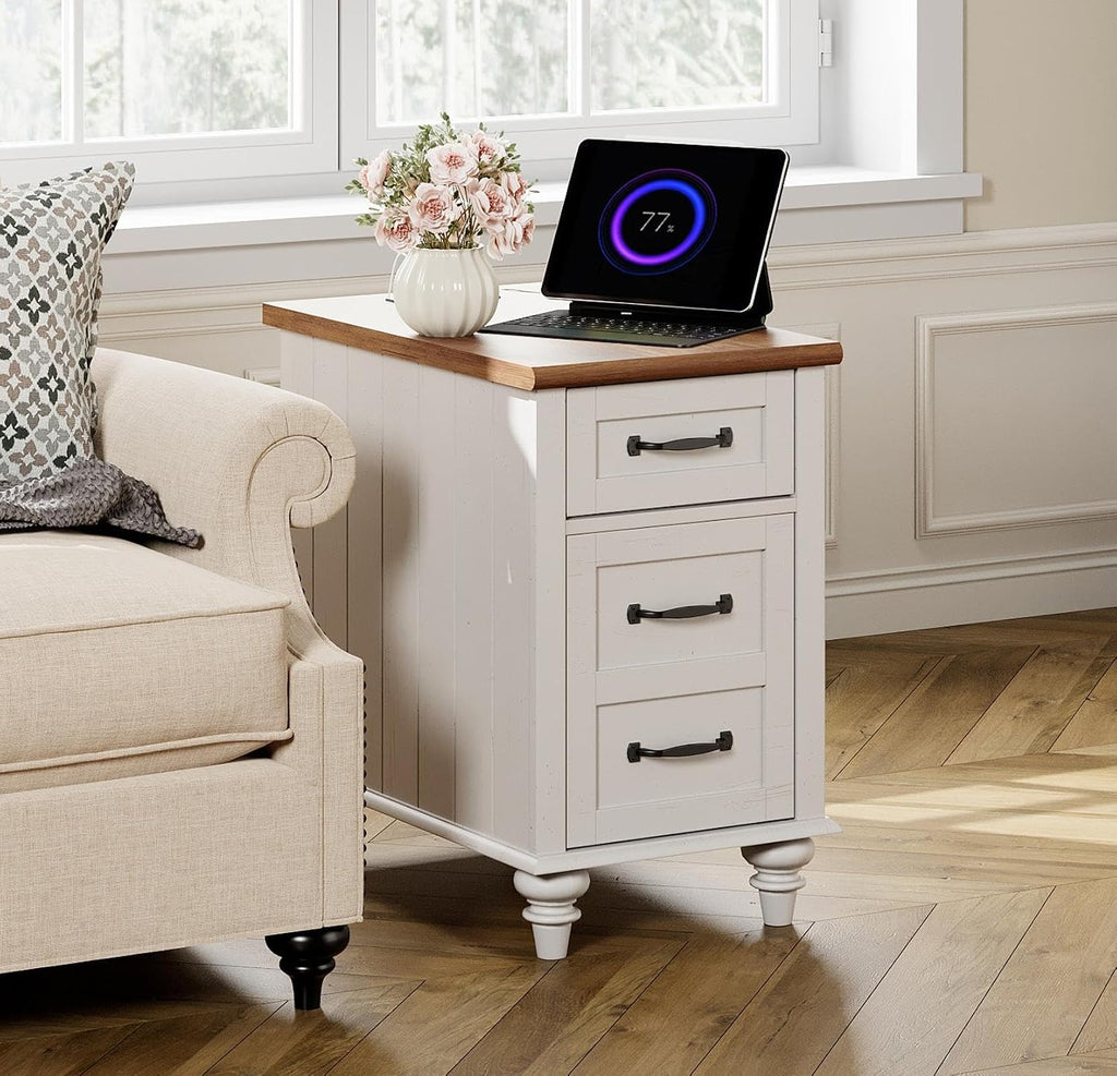 WAMPAT White End Table with Charging Station, Wood Side Table with 1 Drawer &1 Storage Cabinet, Mid Century Modern Nightstand with Power Outlets & USB Ports for Living Room, Bedroom