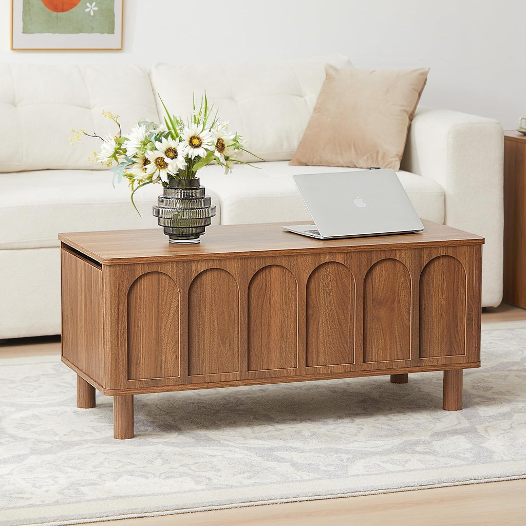 Lift Top Coffee Table with Arched Finish, Modern Coffee Table with Lifting Tabletop & Hidden Storage, Wood Center Table for Living Room,Convenient for Dining, Gaming or Working (Walnut)