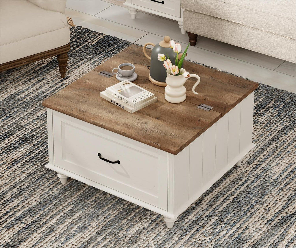WAMPAT Farmhouse Lift Top Coffee Table with Storage Cabinet, Square Coffee Table with Large Drawer, Wooden Center Table for Living Room, Home, Office, Off White
