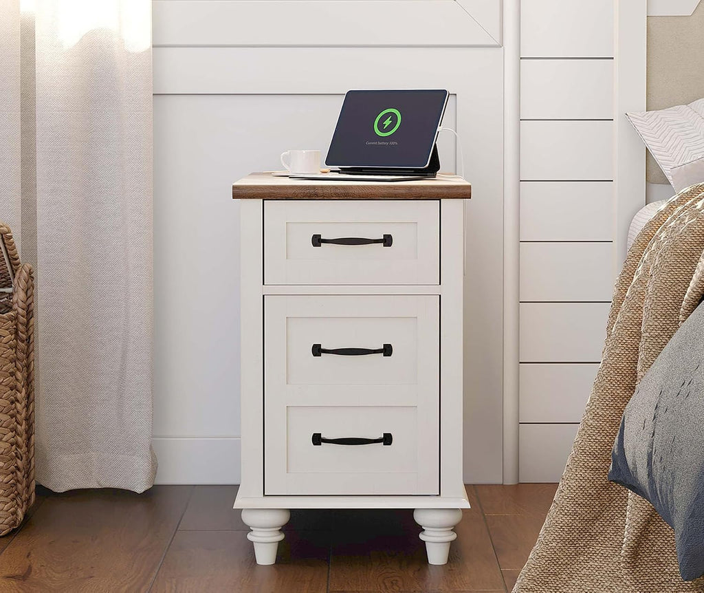 WAMPAT White End Table with Charging Station, Wood Side Table with 1 Drawer &1 Storage Cabinet, Mid Century Modern Nightstand with Power Outlets & USB Ports for Living Room, Bedroom