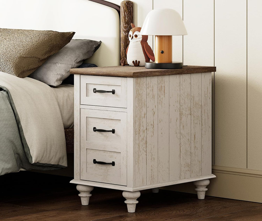 WAMPAT Antique White End Table with Charging Station, Wooden Side Table with Drawer & Storage Cabinet, Farmhouse Nightstand with Power Outlets & USB Ports for Living Room, Bedroom