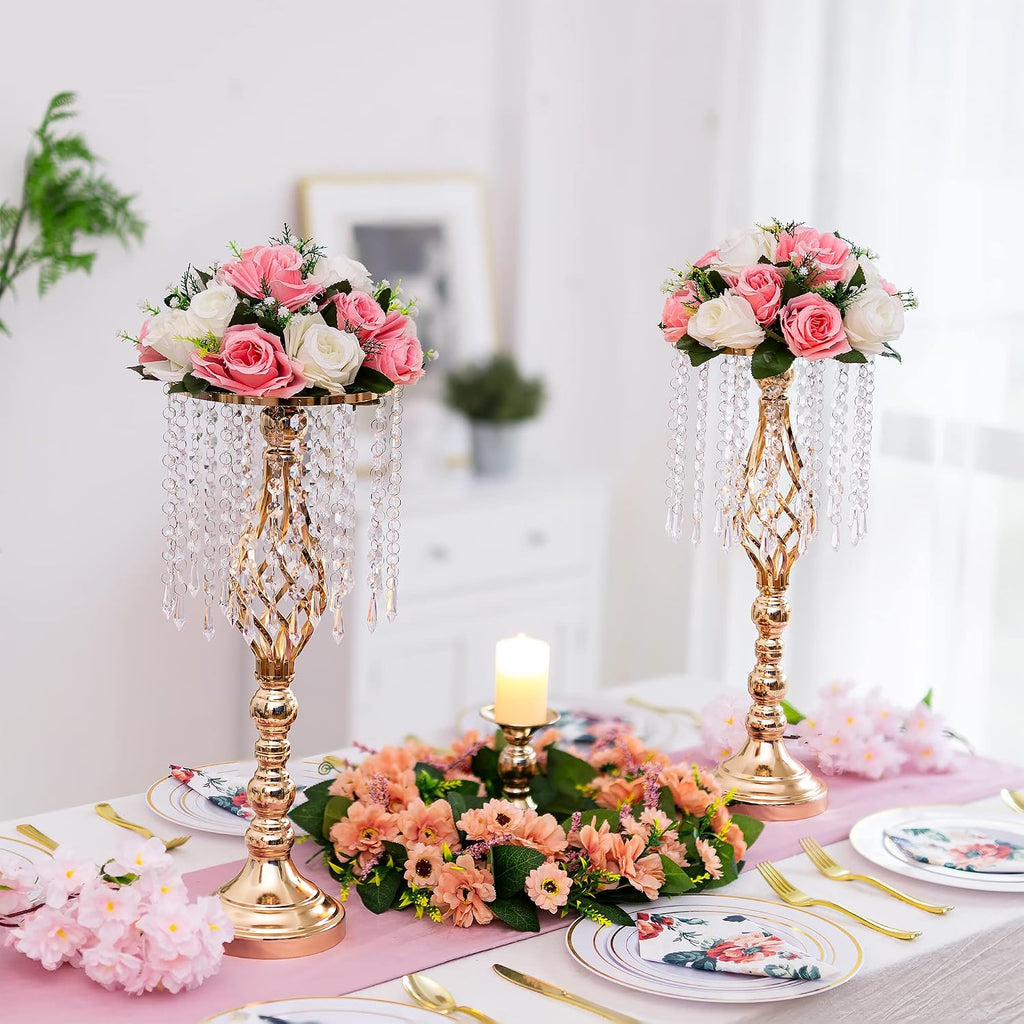 Gold Vases Centerpieces for Wedding: 19.3' Tall Flower Stand with Crystal Patent for Table Center Piece Party Event Set of 10