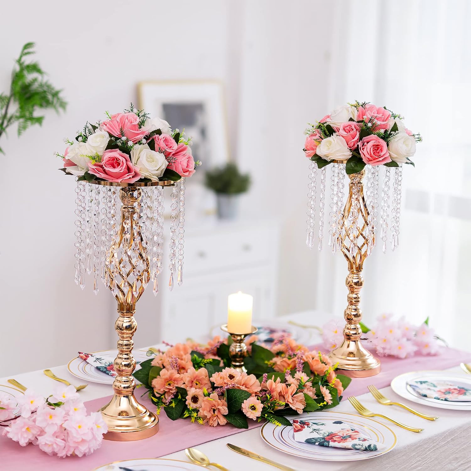 Gold Vases Centerpieces for Wedding: 19.3' Tall Flower Stand with Crystal Patent for Table Center Piece Party Event Set of 10