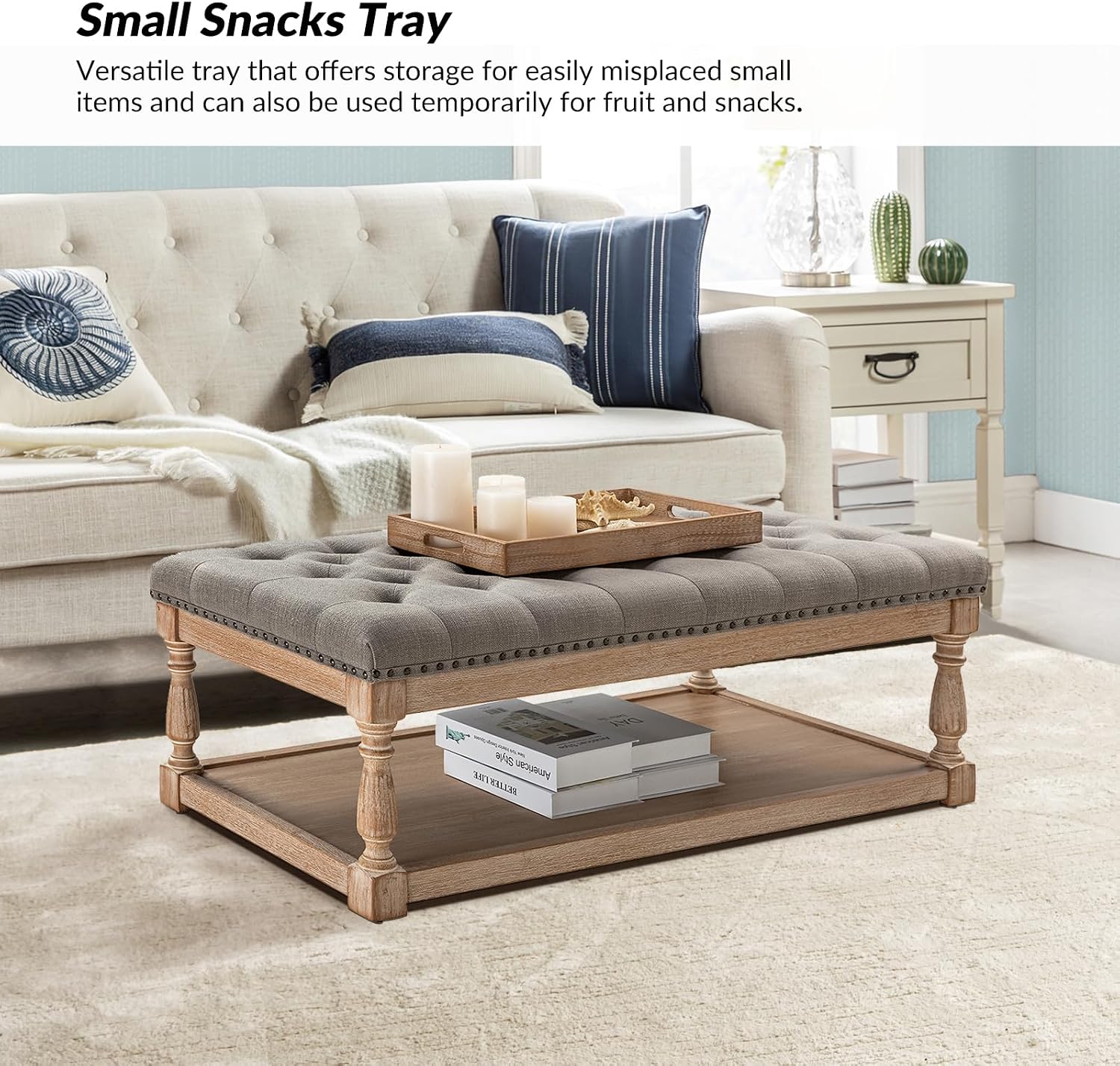 HULALA HOME Rectangle Ottoman Coffee Table with Tray, Large Tufted Fabric Coffee Table with Wood Shelf Storage for Living Room, Grey