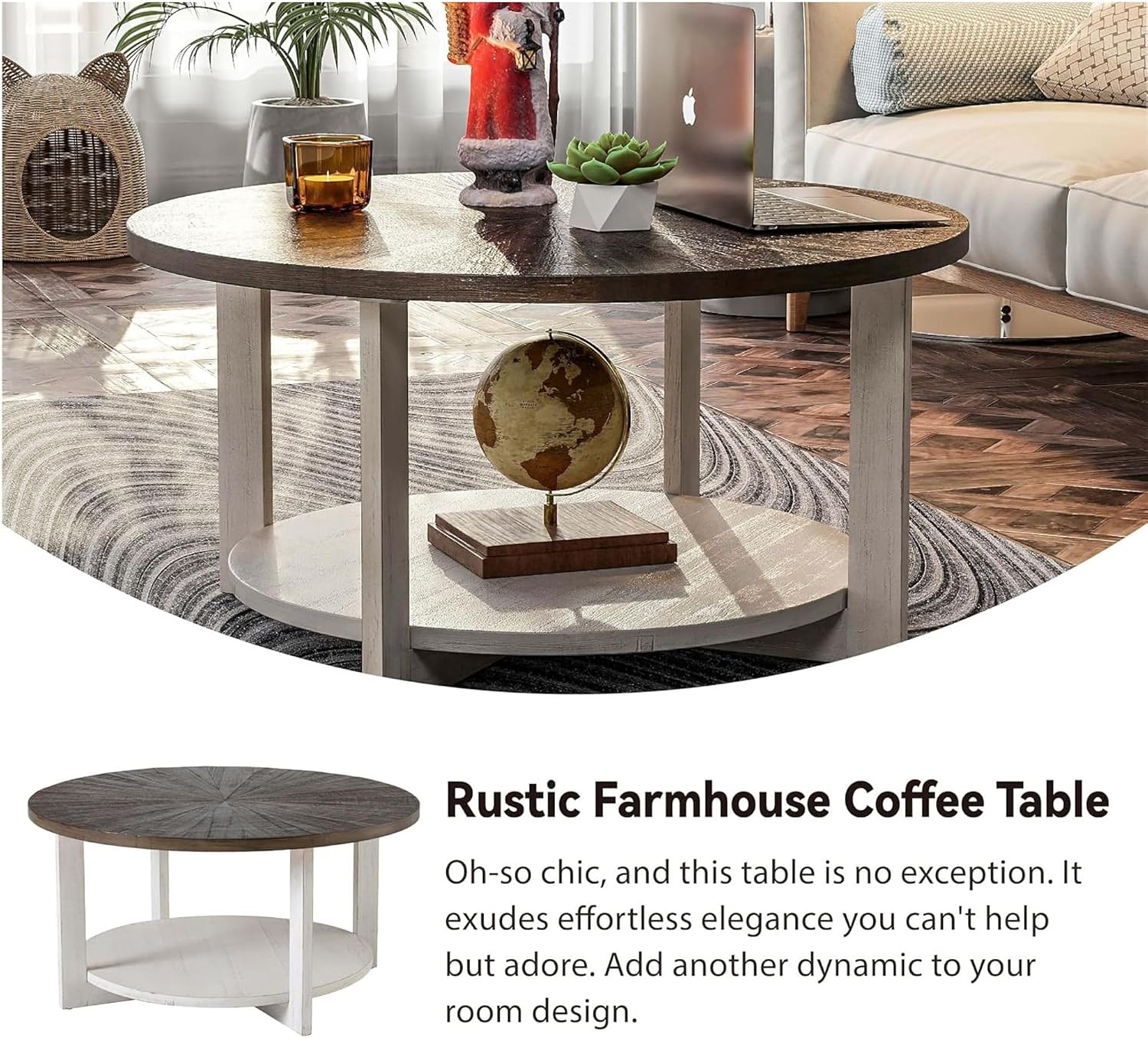 Round Wood Coffee Tables with Storage, Rustic Farmhouse Coffee Table with Distressed Wood Top, Large Circle Table for Living Room, Brown, 32Dx32Wx19.5H in