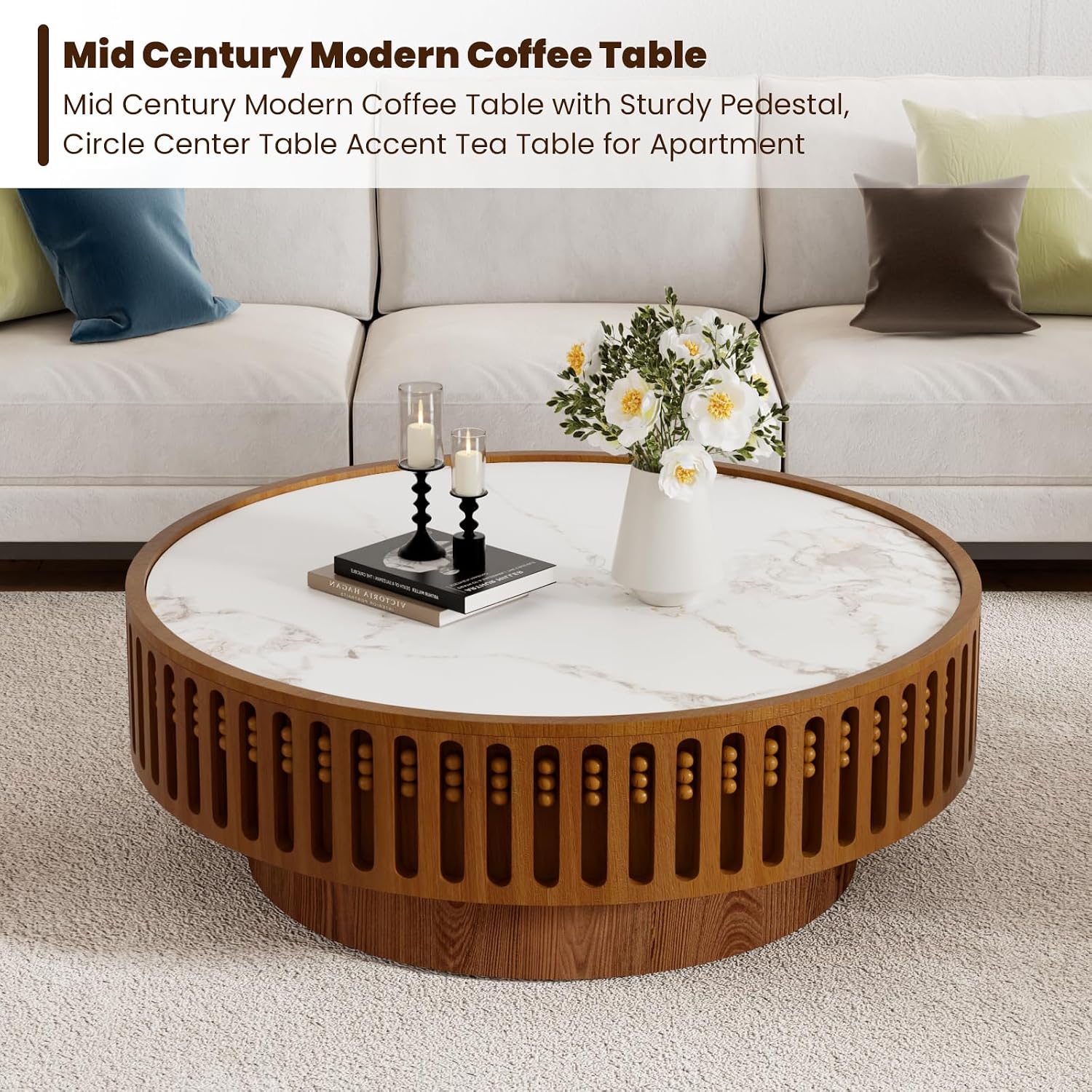 Round Wooden Coffee Table with Sintered Stone Tabletop 35.43' Modern Drum Coffee Table Unique Fluted Center Table for Living Room Office Cafe (35.4' Sintered Stone Tabletop)