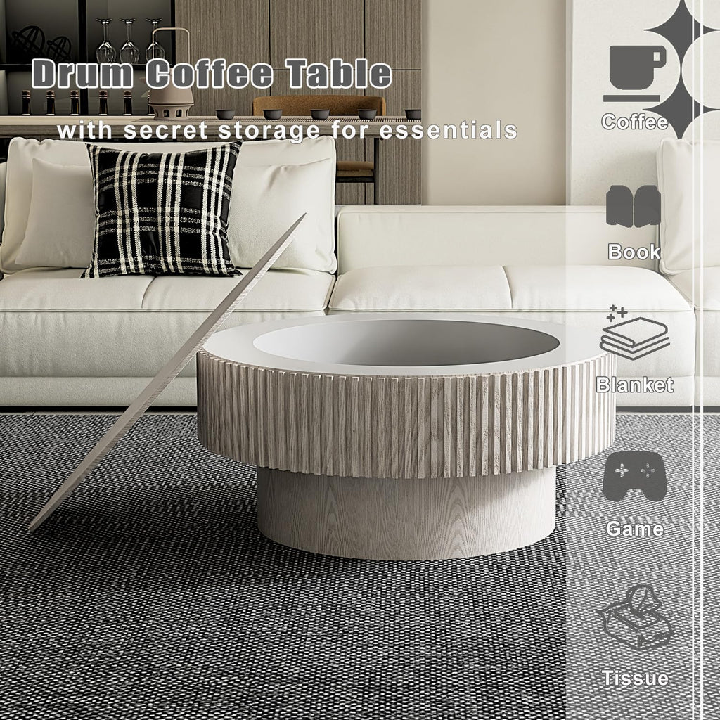 Round Coffee Table with Storage, Modern Wooden Coffee Table with Solid Wood Veneered, Circle Center Table Accent Tea Table for Living Room Small Space (31.5''L × 31.5''W × 14''H, Retro White)