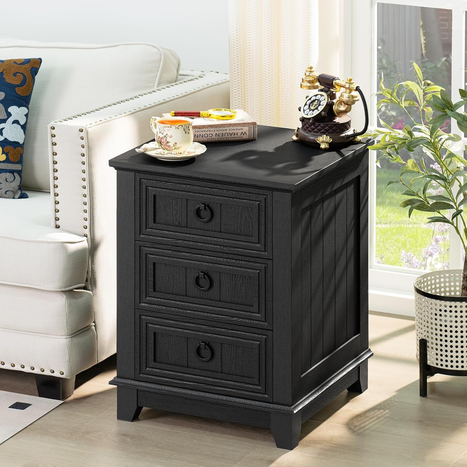 Joaxswe 18' Farmhouse Night Stand with 3 Drawers, Wood End Table Dresser for Bedroom, Black Nightstand, Bed Side Table with Metal Handle, Bedside Cabinet for Bedroom Living Room, Closet