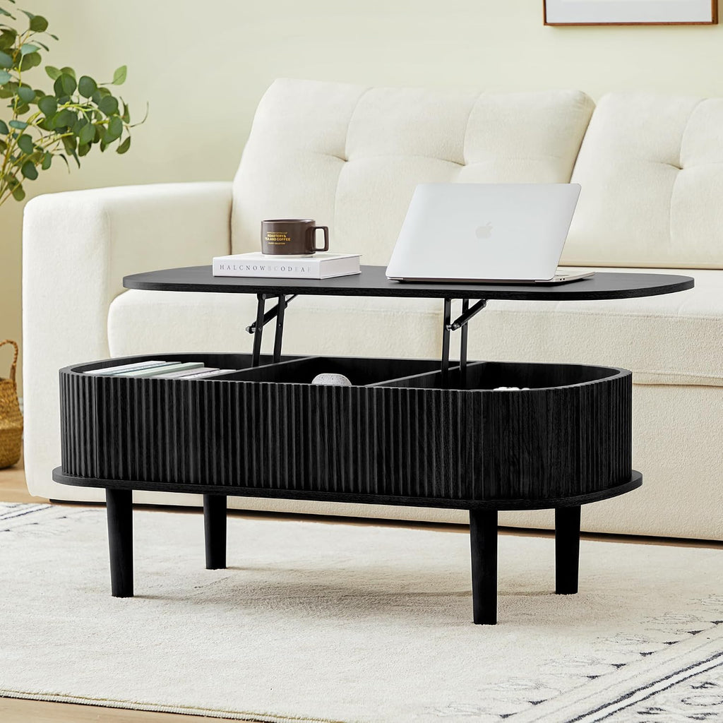 Fully Assembled Fluted Lift Top Coffee Table with Hidden Compartment, Wooden Center Table, Modern Oval Lift Tabletop for Home Living Room Office, Black