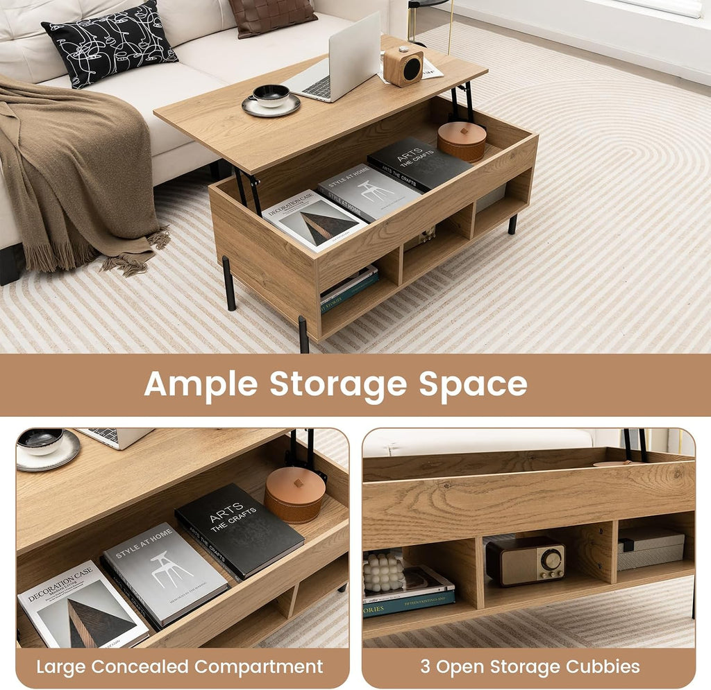 Giantex Lift Top Coffee Table - Rectangular Wooden Table w/Hidden Compartment & Open Storage Shelves, Multifunctional Modern Flip Top Center Table for Living Room, Reception Room, Office (Natural)