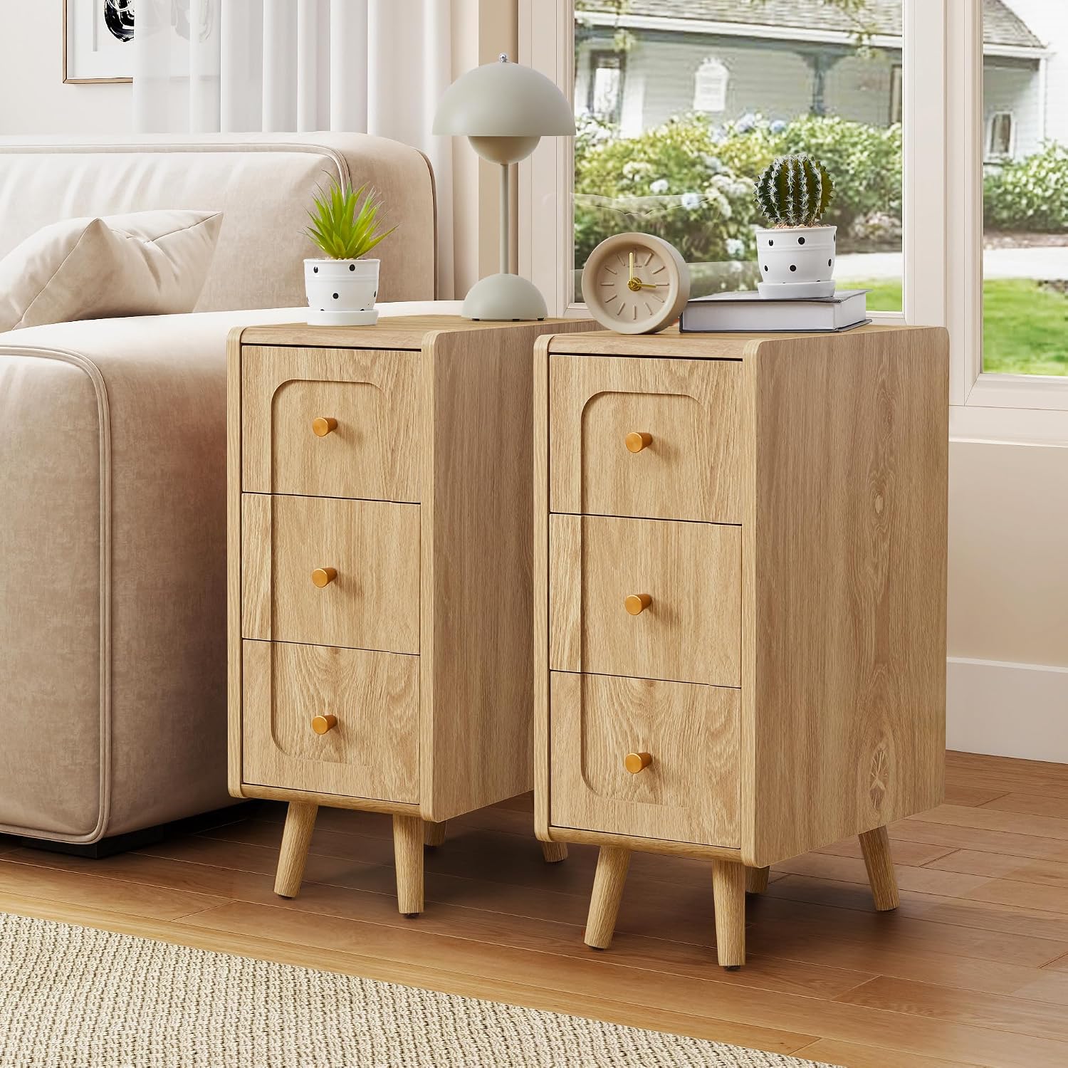 Small Nightstand Set of 2, Narrow Nightstand Slim Couch Side Table with Drawers, Wood End Tables with Storage for Living Room, Bedroom, Small Spaces (Natural-2pcs)