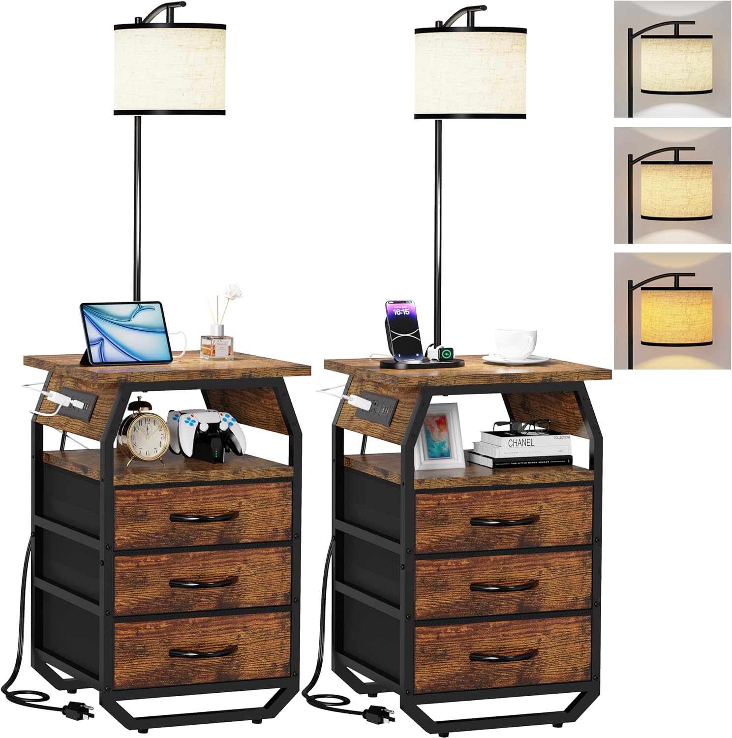 runjuly Floor Lamp with Table Set of 2, End Tables with Lamps Attached 3-Color Temperature Bulb, Side Table with Lamp with 3 Drawers & Charging, Lamps Tables Combo for Bedroom, Dorm - Rustic Brown