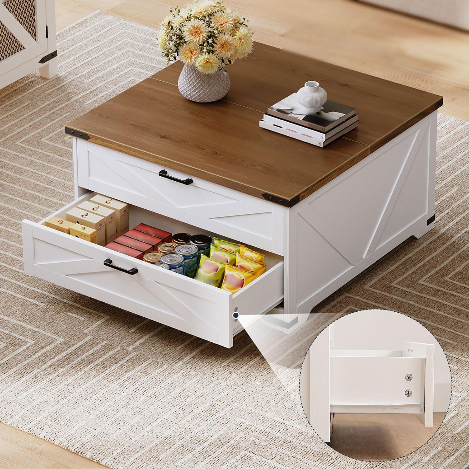 HOOBRO Lift Top Coffee Table with Storage, 31.5' Large Square Coffee Table with 2 Drawers, Large Hidden Space, White Farmhouse Center Table for Living Room, Home Office, White and Walnut WH45KF01