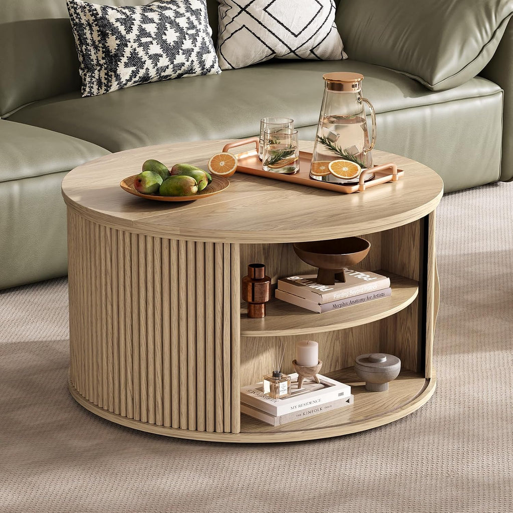 Round Lift Top Coffee Table, 31.5' Mid Century Modern Center Table with Hidden Storage, Fluted Circle Coffee Tables for Living Room, Home Office, Oak