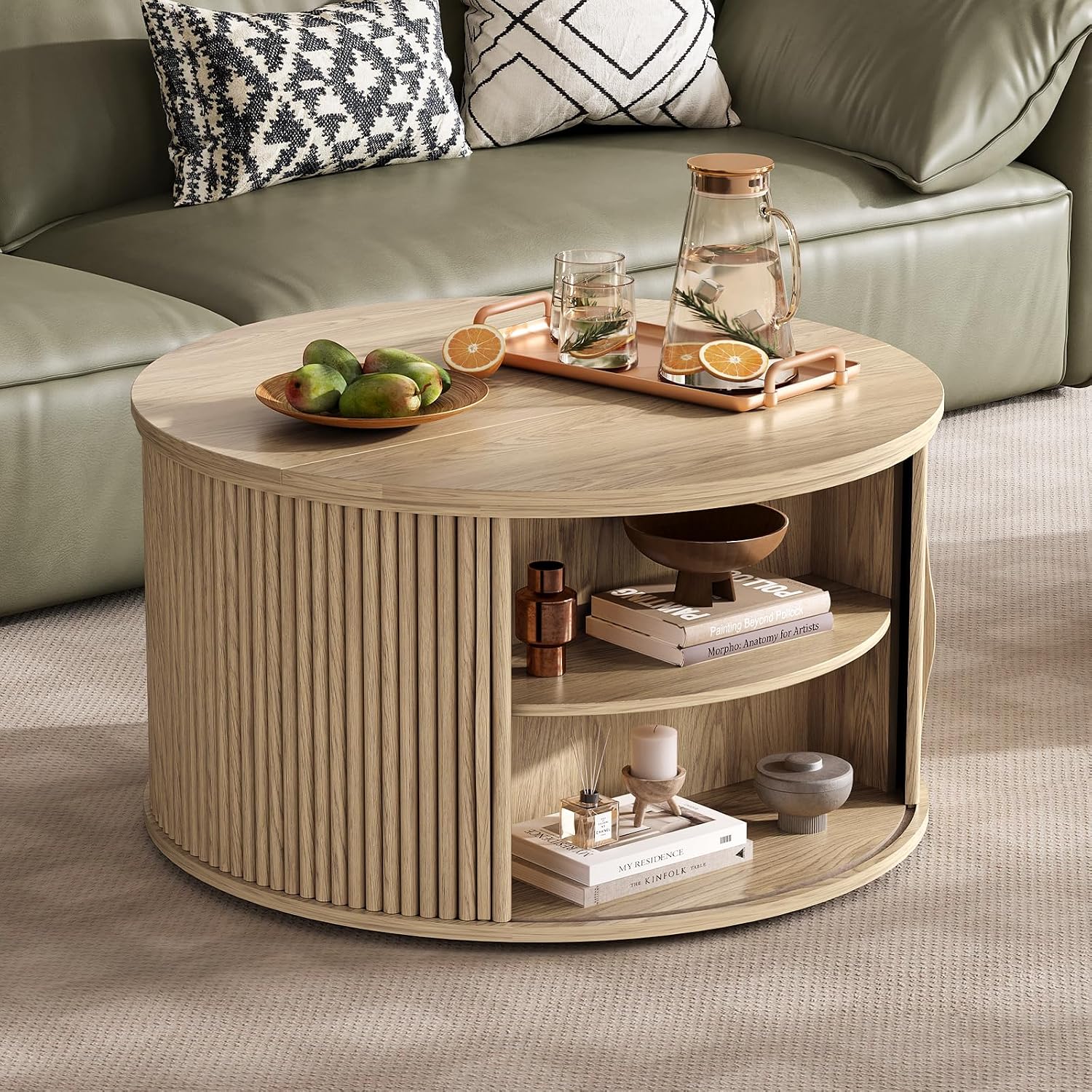 Round Lift Top Coffee Table, 31.5' Mid Century Modern Center Table with Hidden Storage, Fluted Circle Coffee Tables for Living Room, Home Office, Oak
