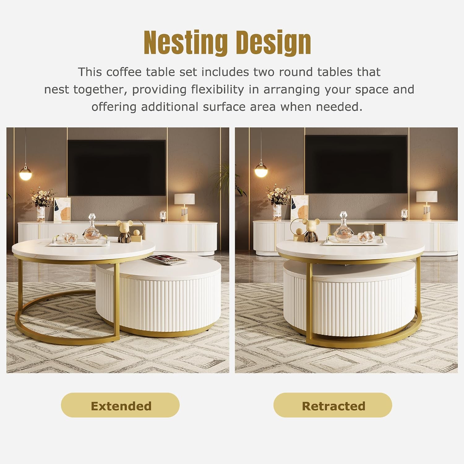 Merax 27.6' Modern Round Nesting Coffee Table Fluted with Drawer for Home Living Room, White & Gold
