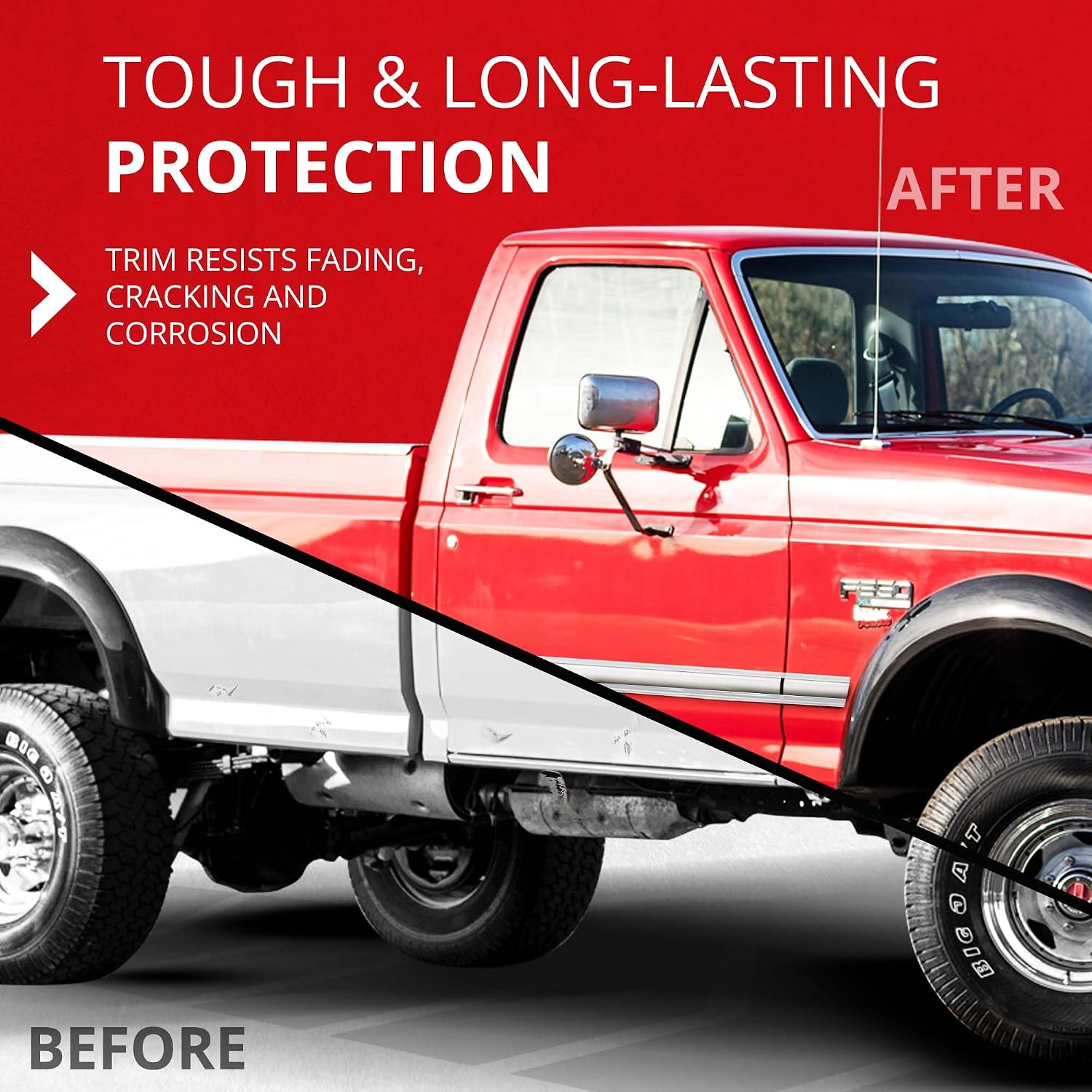 All-Fit Automotive Replacement Old Style Body Side Molding (2') – OEM Grade White and Chrome Trim Fits 1992–1997 Ford F150, F250, F350 & Bronco OBS – Easy to Install Truck Accessories (26 Ft Roll)