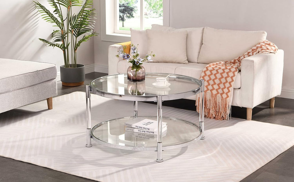 32' Tempered Glass Round Coffee Table Modern Chrome Frame Acrylic Legs Circle Living Room Center Tables