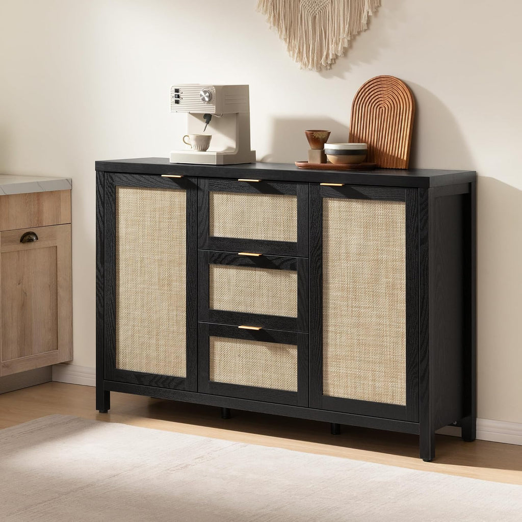 SICOTAS Rattan Sideboard Buffet Coffee Bar Cabinet with Storage - 52' Larger Farmhouse Credenza Storage Cabinet with 3 Drawers and 2 Doors, Boho Console Table for Living Room, Kitchen, Black Oak