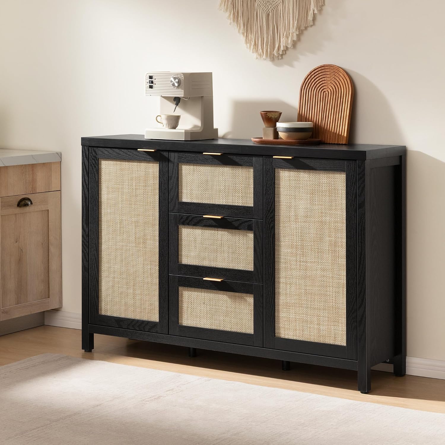 SICOTAS Rattan Sideboard Buffet Coffee Bar Cabinet with Storage - 52' Larger Farmhouse Credenza Storage Cabinet with 3 Drawers and 2 Doors, Boho Console Table for Living Room, Kitchen, Black Oak