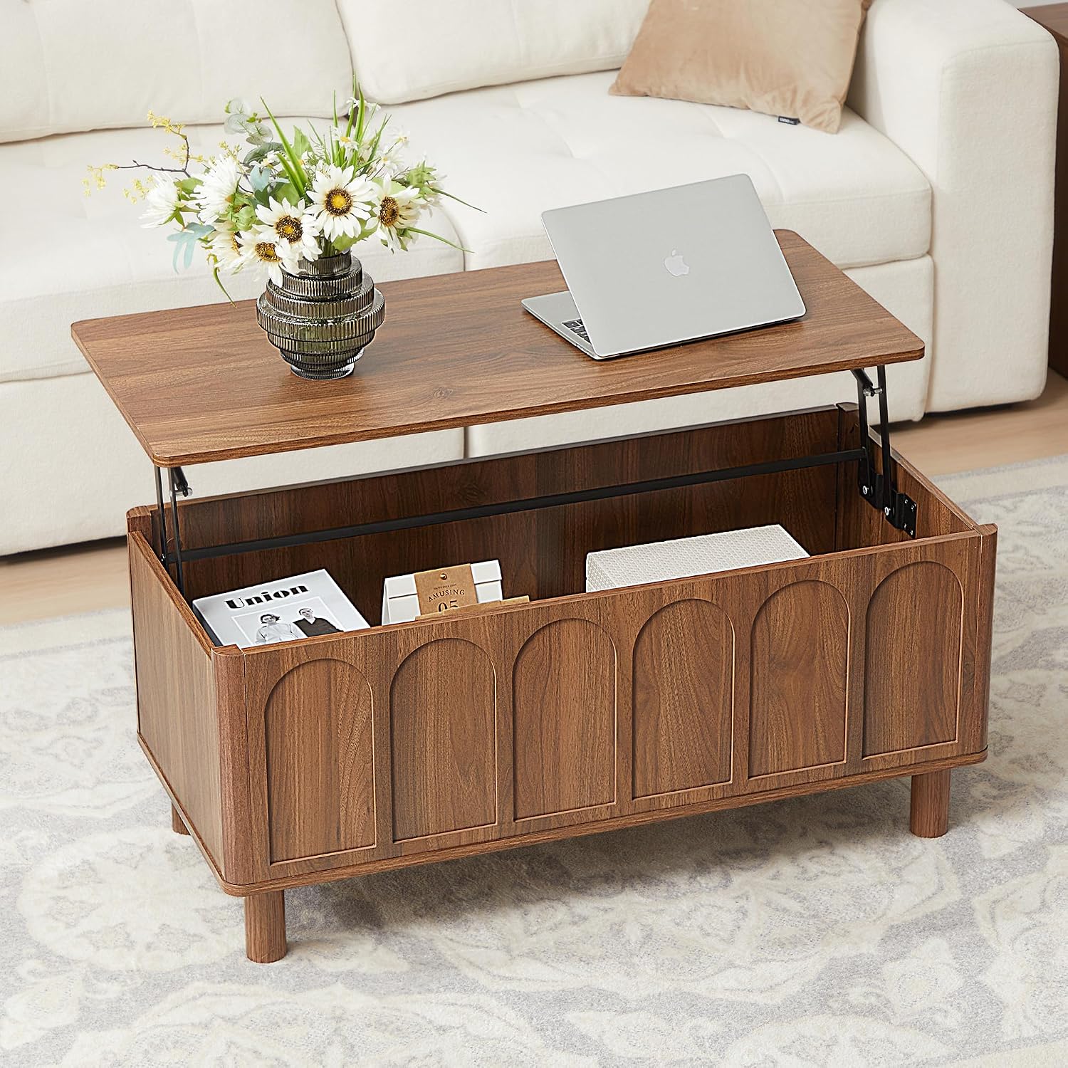 Lift Top Coffee Table with Arched Finish, Modern Coffee Table with Lifting Tabletop & Hidden Storage, Wood Center Table for Living Room,Convenient for Dining, Gaming or Working (Walnut)