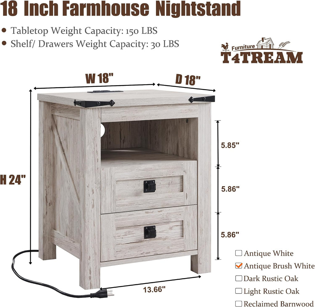 T4TREAM Nightstand with Charging Station, End Table, Side Table with 2 Drawers Storage Cabinet for Bedroom, Living Room, Farmhouse Design, Wood Rustic, Antique Brush White