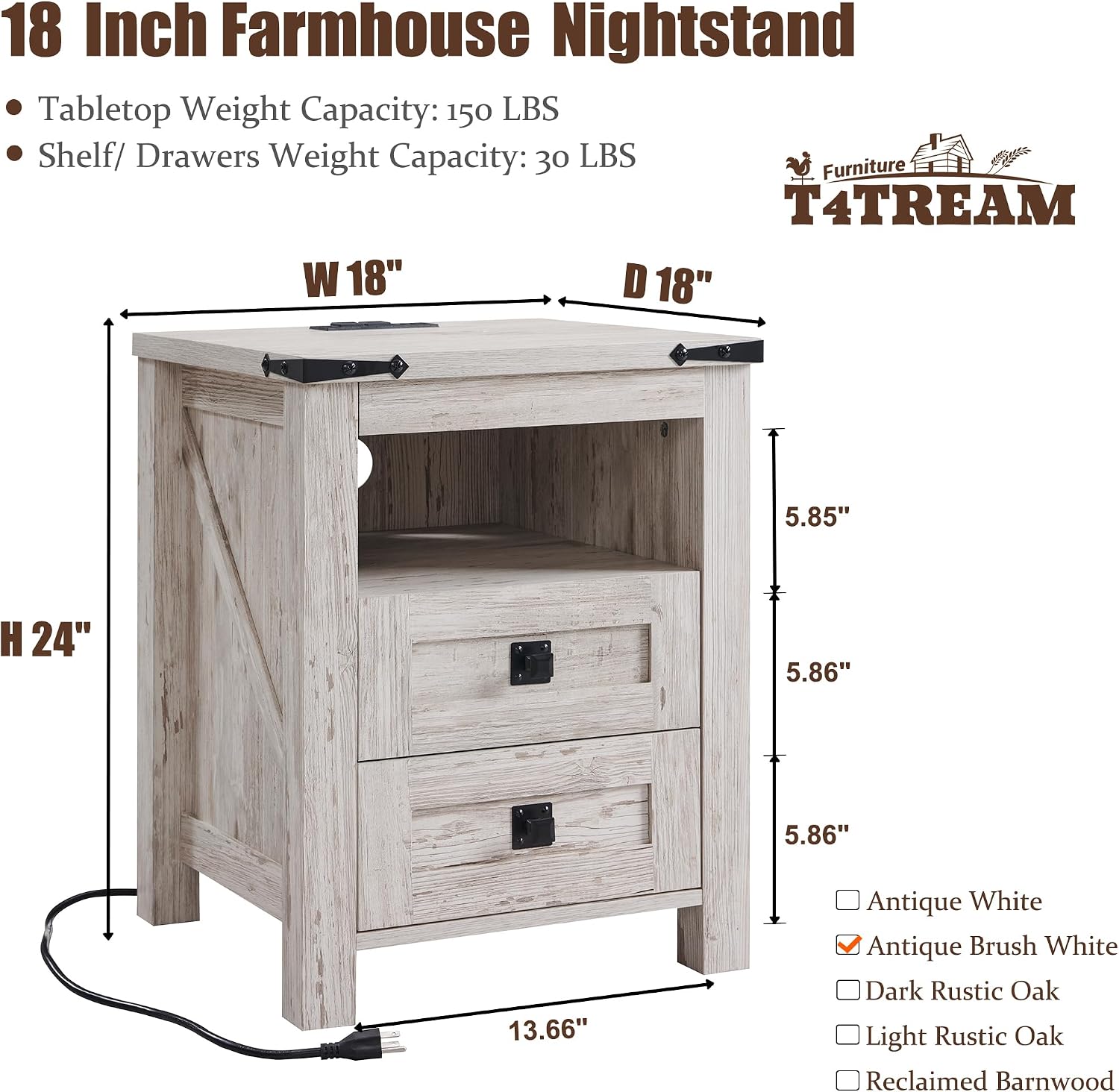 T4TREAM Nightstand with Charging Station, End Table, Side Table with 2 Drawers Storage Cabinet for Bedroom, Living Room, Farmhouse Design, Wood Rustic, Antique Brush White
