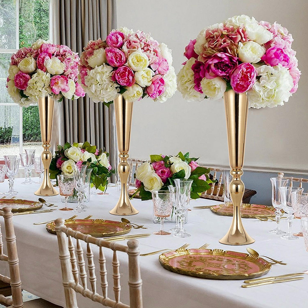 Metal Trumpet Vases for Centerpieces - Set of 10 Elegant Gold Vases for Table, 21.9' Tall Flower Stands for Table Centerpieces Anniversary Celebration Christmas Event Party Home Wedding Decorations