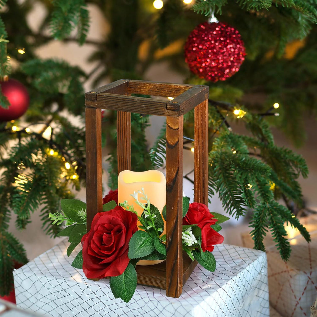 Hushee 60 Pcs Integrated Wedding Lantern Centerpiece Rustic Wooden Holder with Candles and Rings Farmhouse Candle Lantern Decor for Home Valentine Wedding Party Table Decor (Brown and Red)