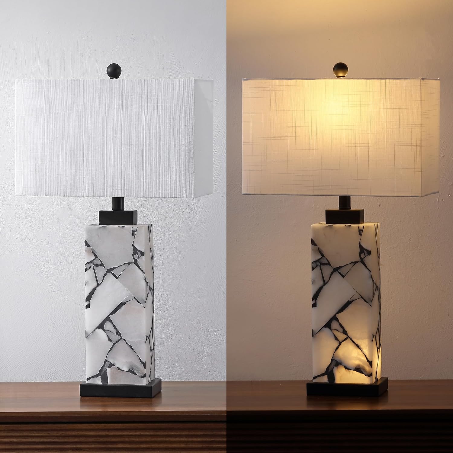 JONATHAN Y 27.5' Black White Alabaster Rectangular Table Lamp with Night Light Contemporary Coastal Bedside Lamp for Bedroom with White Linen Shade LED Bulbs Included JYL6201B