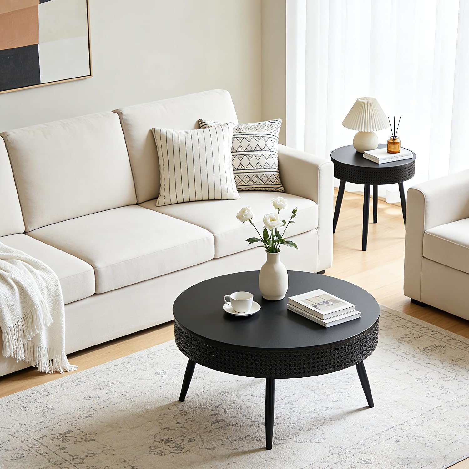 Bifins Black Round Nesting Coffee Table with Hidden Storage Set of 2, Modern Circle Coffee and End Table Set for Living Room Balcony (Black Set of 2)