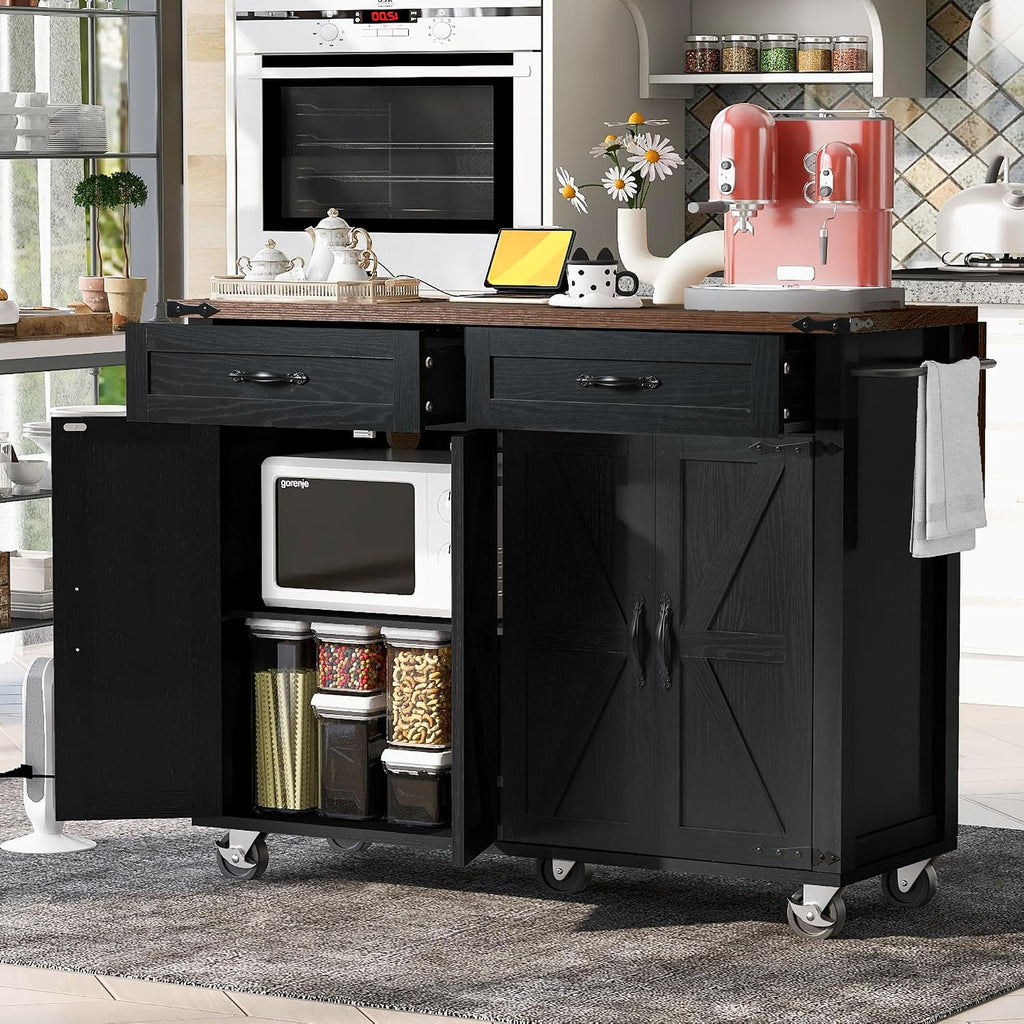 53.5'' Farmhouse Mobile Kitchen Island with Power Outlet, Drop Leaf, Spice Rack and Drawer - Rolling Kitchen Cart with Ample Storage, Rustic Storage Islands Table for Home and Dining Room