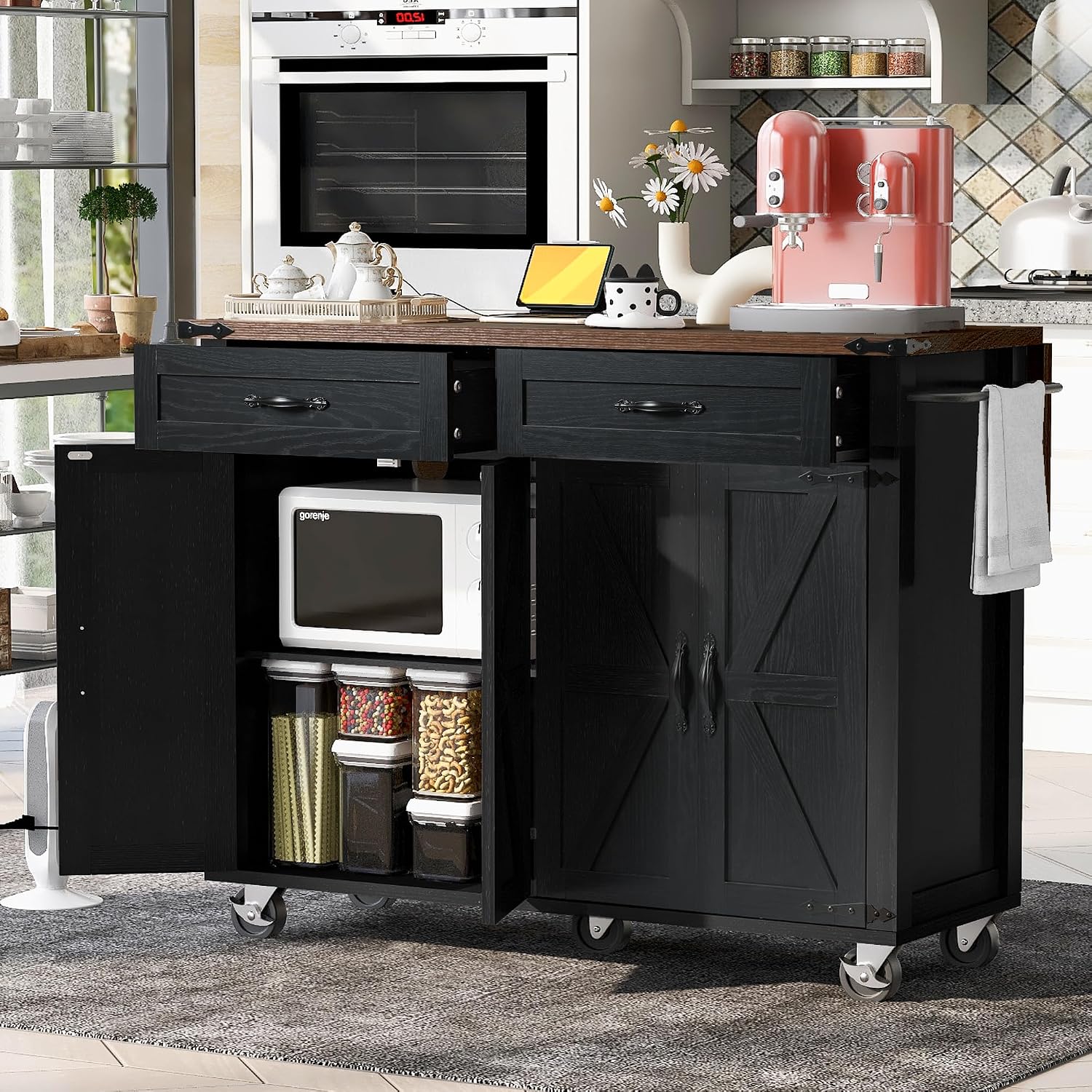 53.5'' Farmhouse Mobile Kitchen Island with Power Outlet, Drop Leaf, Spice Rack and Drawer - Rolling Kitchen Cart with Ample Storage, Rustic Storage Islands Table for Home and Dining Room