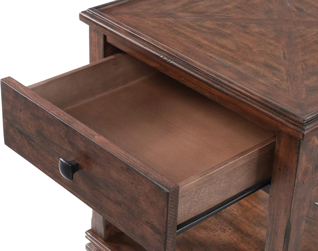Stockbridge 21-Inch Square Wood End Table with Drawer, Traditional Cherry Stain Finish, Sturdy Pine Construction, Includes Storage Shelf and Functional Drawer for Living Room Essentials