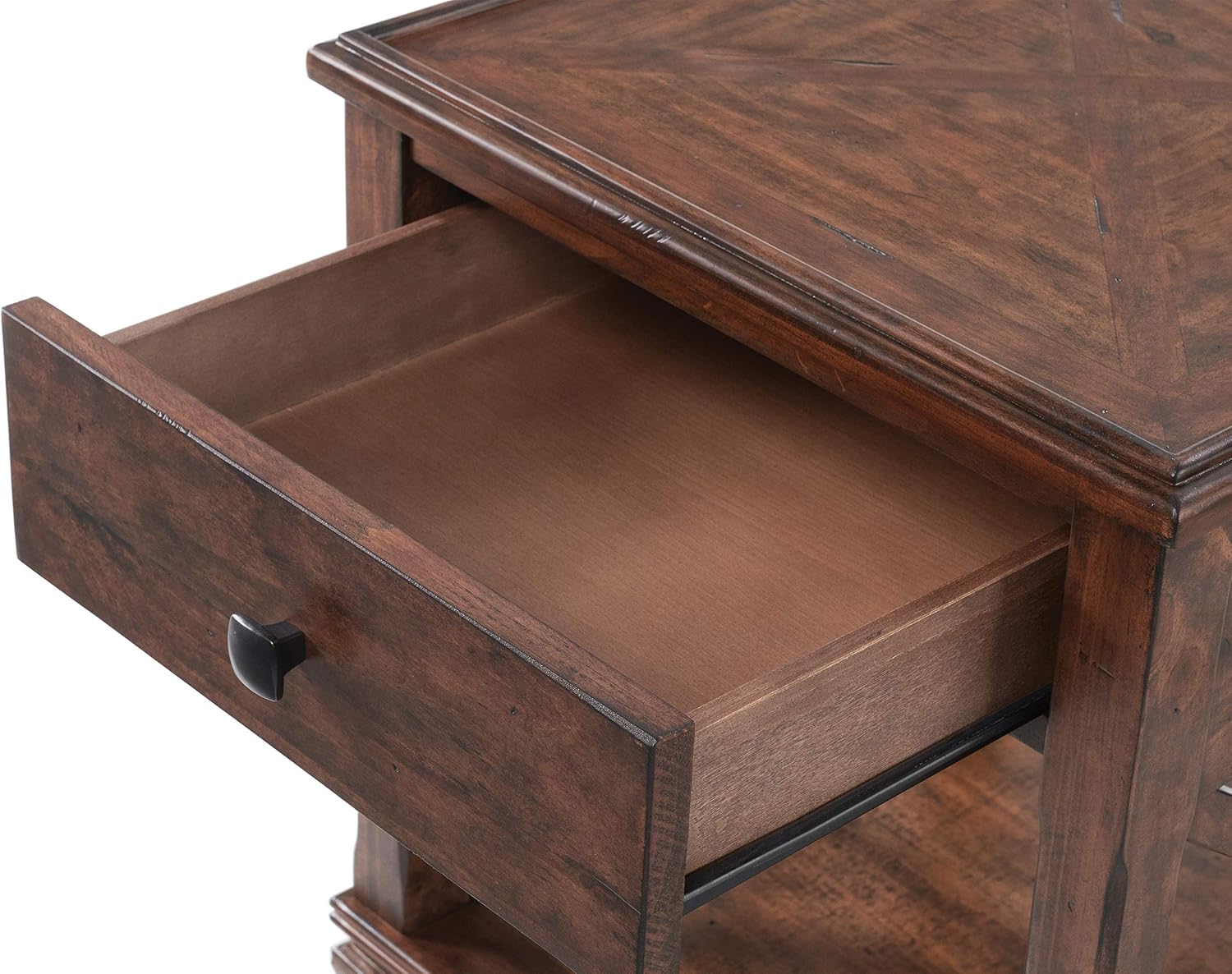 Stockbridge 21-Inch Square Wood End Table with Drawer, Traditional Cherry Stain Finish, Sturdy Pine Construction, Includes Storage Shelf and Functional Drawer for Living Room Essentials