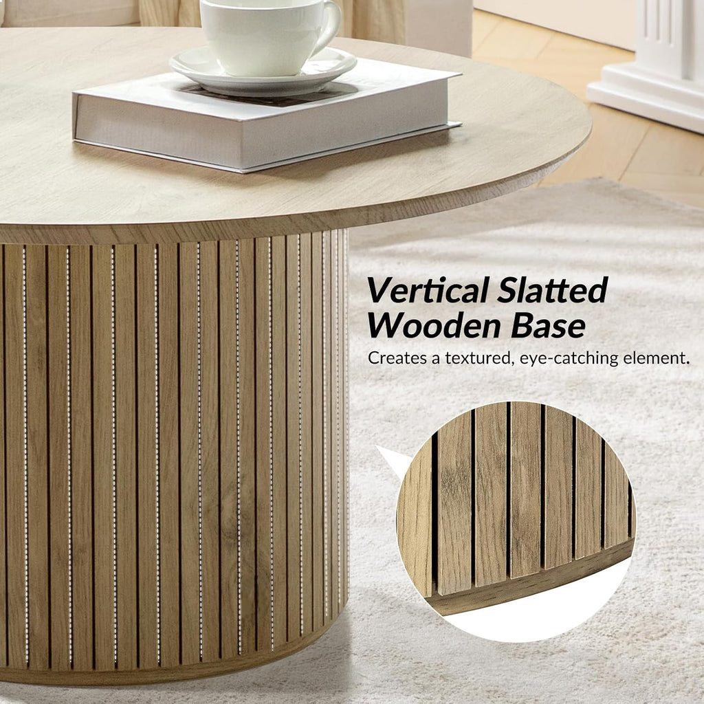 HULALA Home Round Coffee Table, Wood Coffee Table with Vertical Slat Base, Modern Coffee Table for Living Room and Lounge Room,Oak