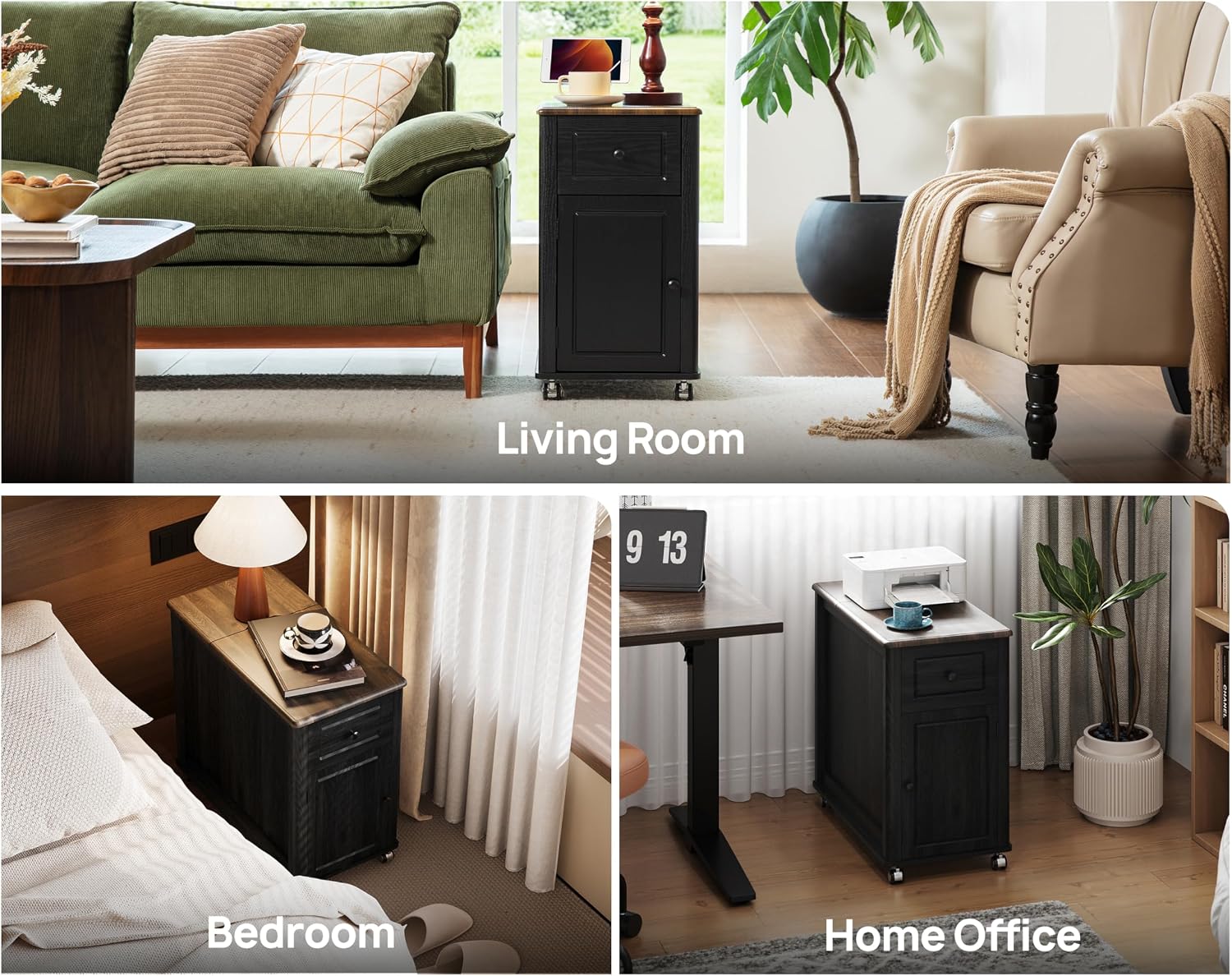 Farmhouse End Table with Wheels & Charging Station, USB-C, Narrow Rolling Side Table with Storage Cabinet and Deep Drawer, Small Nightstand with Hidden USB Ports and Outlets for Living Room, Black