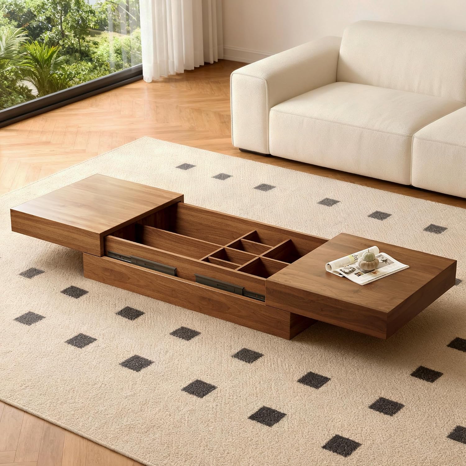 Mid-Century Modern Farmhouse 47.2-81.8' Expandable Coffee Table，Adjustable Center Table with Large Storage for Living Room, Walnut