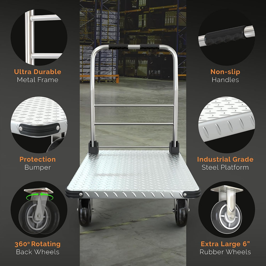 2200 lbs. Capacity Foldable Push Cart Dolly | Moving Platform Hand Truck | Heavy Duty Space Saving Collapsible | Swivel Flat Bed Wagon - Furniture Luggage Lifting