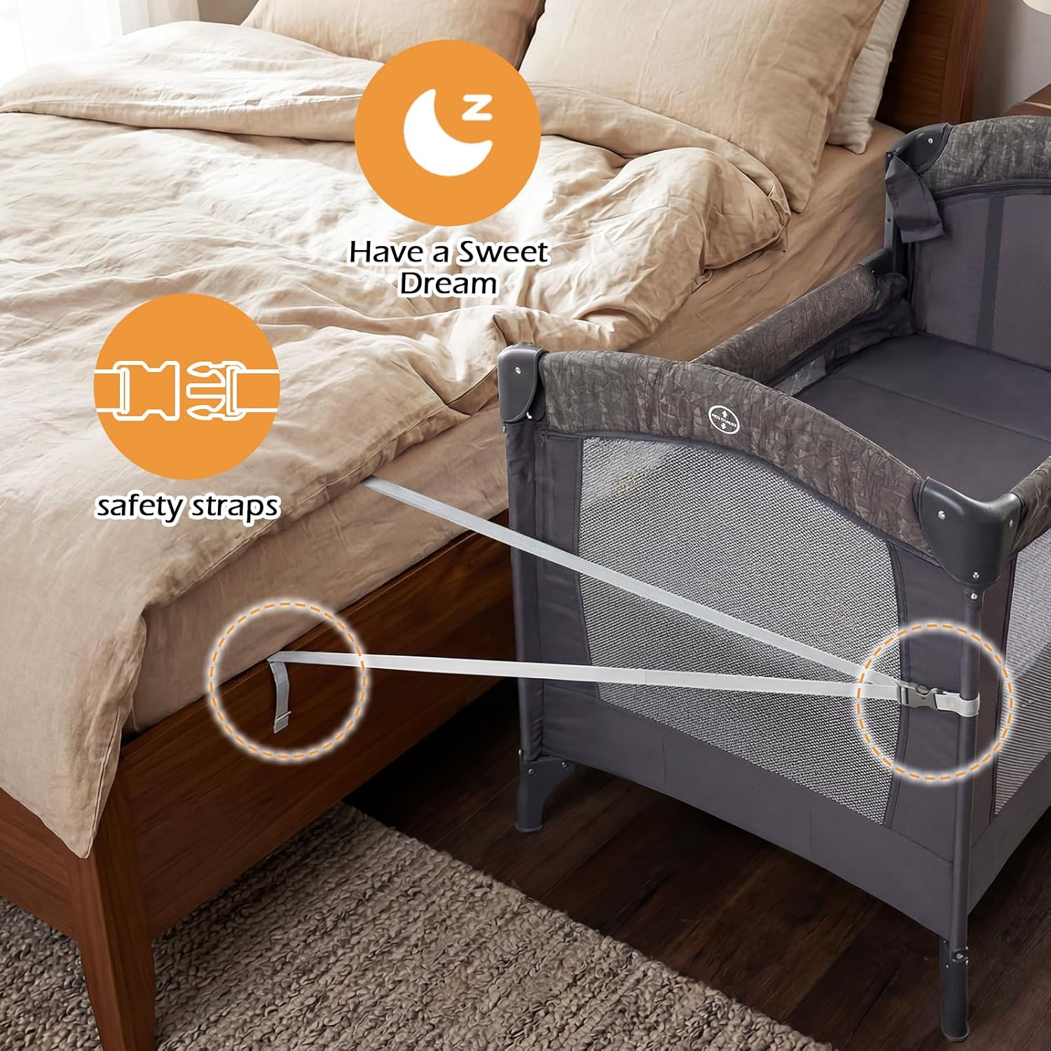 INFANS 4 in 1 Baby Bassinet, Converts Pack and Play to Portable Bedside Crib Sleeper with Diaper Changer, Mattress, Carry Bag, Music Box, Hanging Toys for Infants Toddlers(Grey)