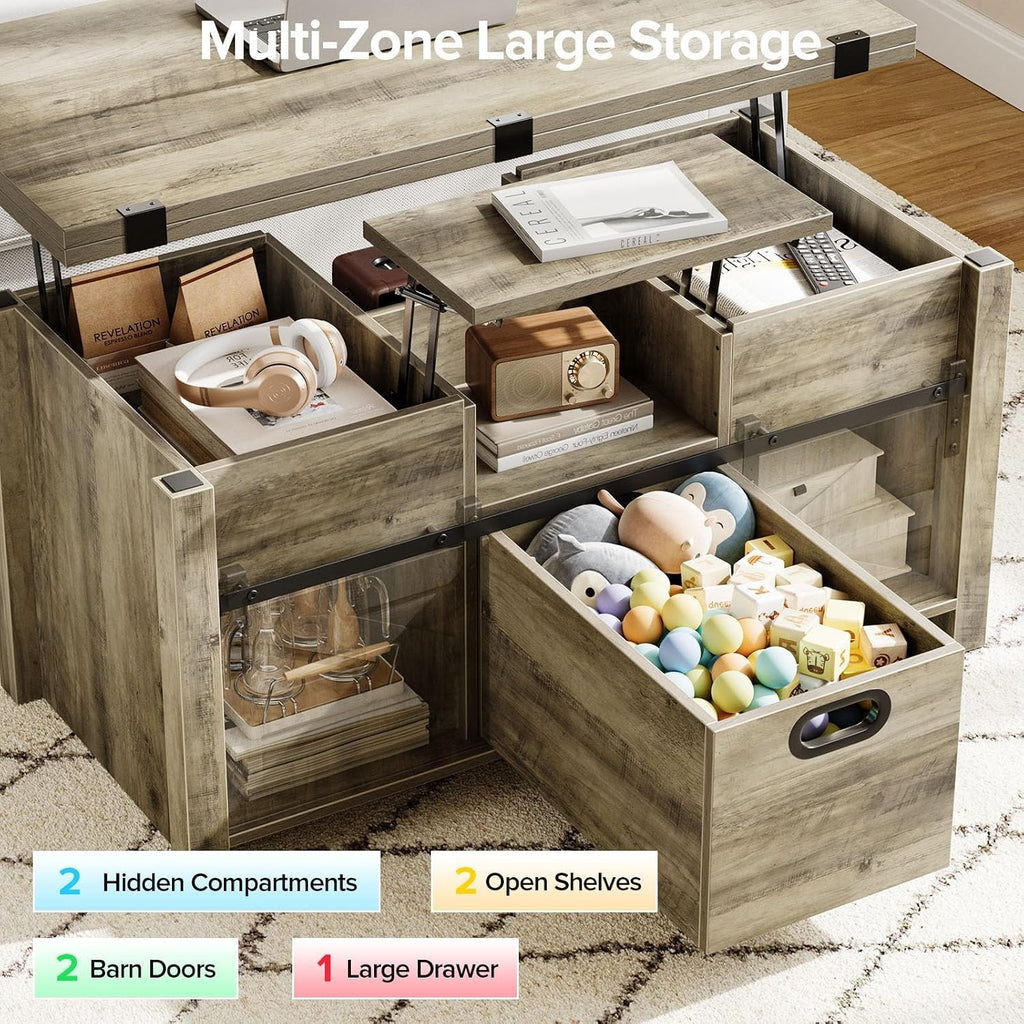 Memobarco 40' Farmhouse Lift Top Coffee Table with Sliding Barn Door,4 in 1 Multi-Function Coffee Tables with Storage Drawers & Hidden Compartment,Converts to Dining Table for Living Room,Grey