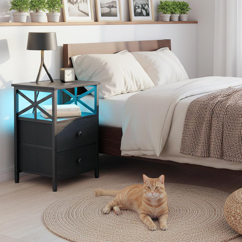 AMHANCIBLE Night Stand Set of 2 with Charging Station and LED Lights, Large 2-Drawer Bedside Tables with USB Ports and AC Outlets, Modern Nightstand for Bedroom, Black, HET052LBK
