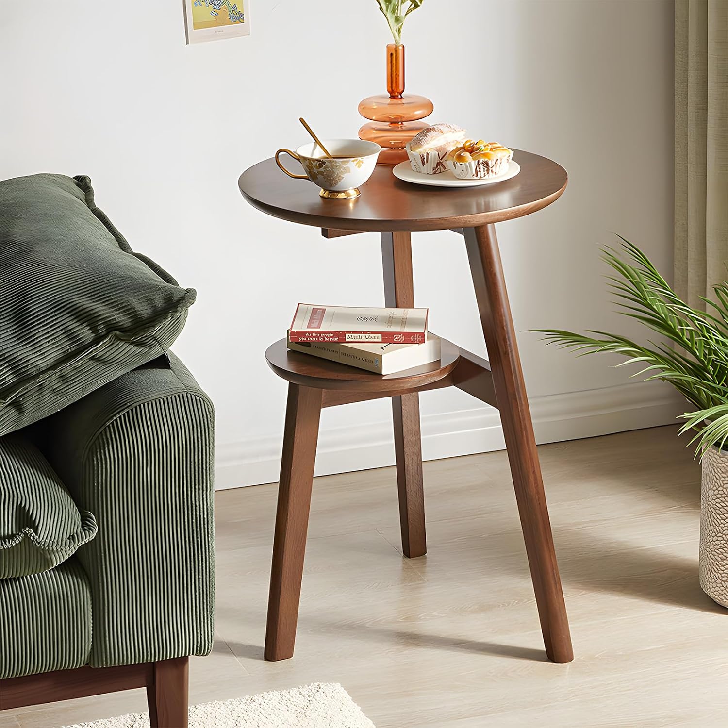 Side Table, 2-Tier Round End Tables Living Room, Mid Century Modern Side Table, Round Nightstand, Oak Accent Table, Small Round Coffee Table, 16.54' Dia.x 23.62' H(Walnut)